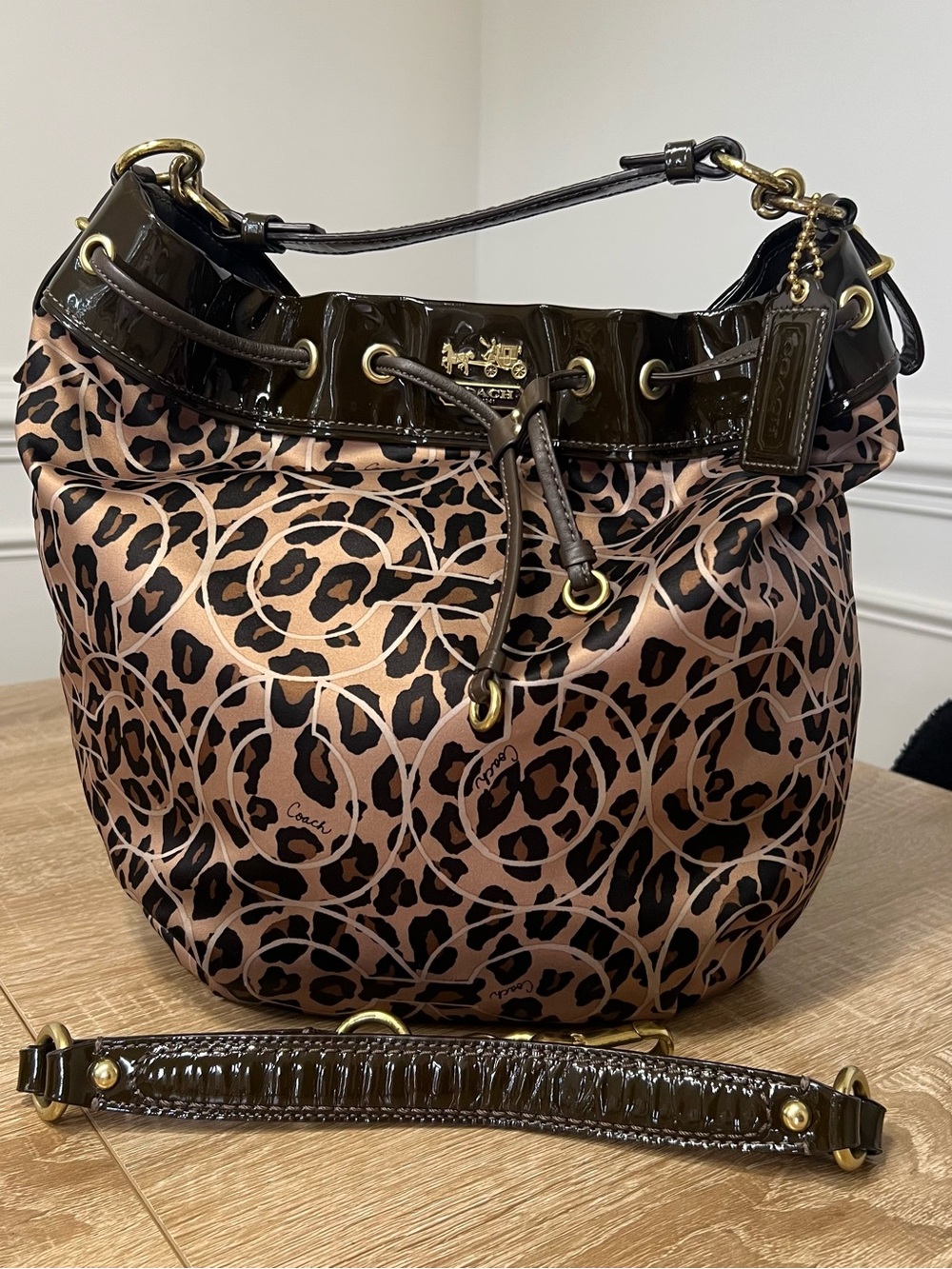 Coach Optic Marielle Ocelot Leopard Print Sateen Drawstring Shoulder Bag